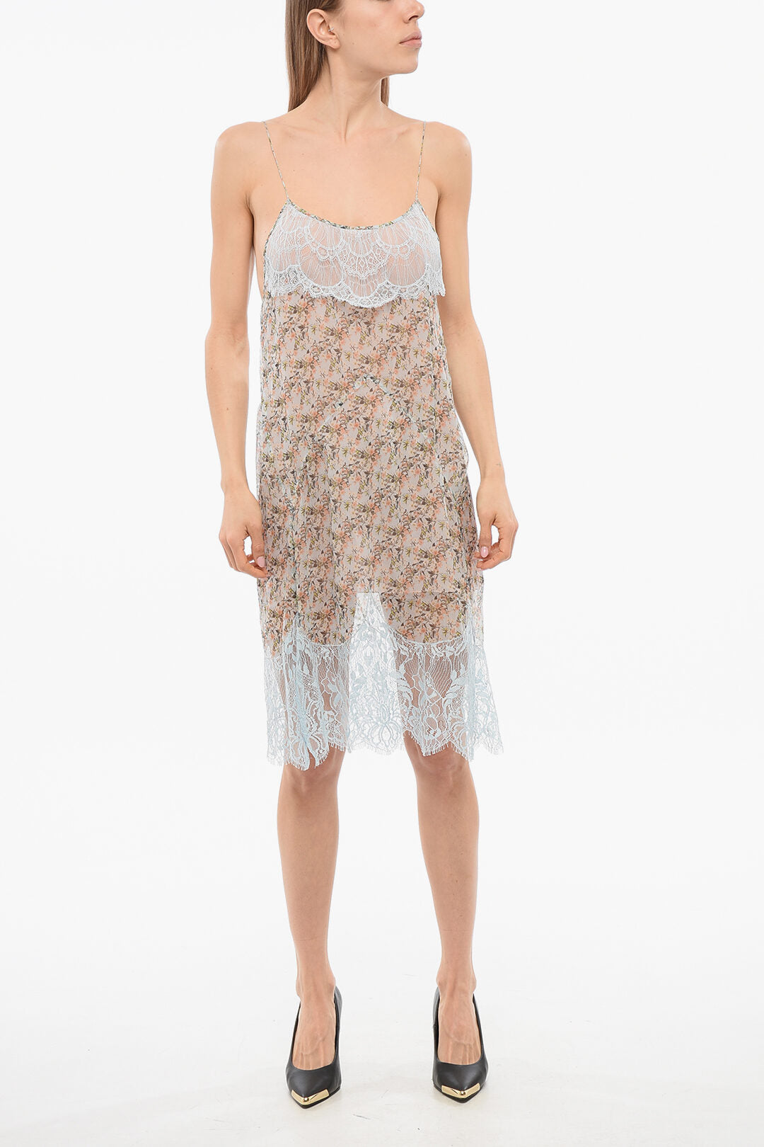 Dsquared2 3250~Floral Silk Chiffon Slip Dress with Lace Details