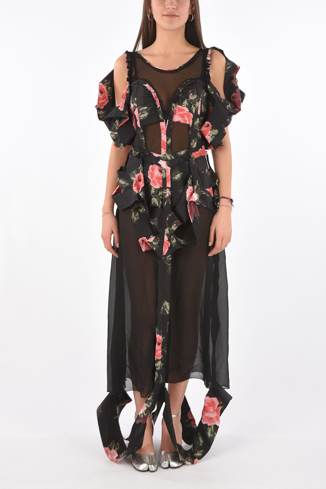 Maison Margiela 3250~MM0 Floral Print Dress with Illusion Neckline and Cut-Out Details