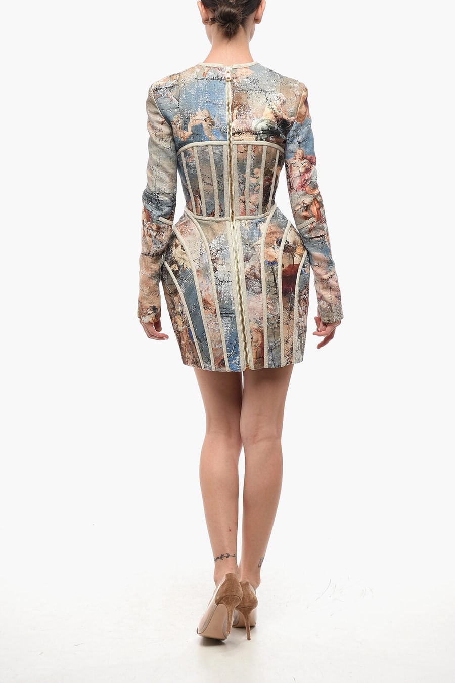 Balmain 3250~Patterned Linen Cage Dress With V-Neck, view 2