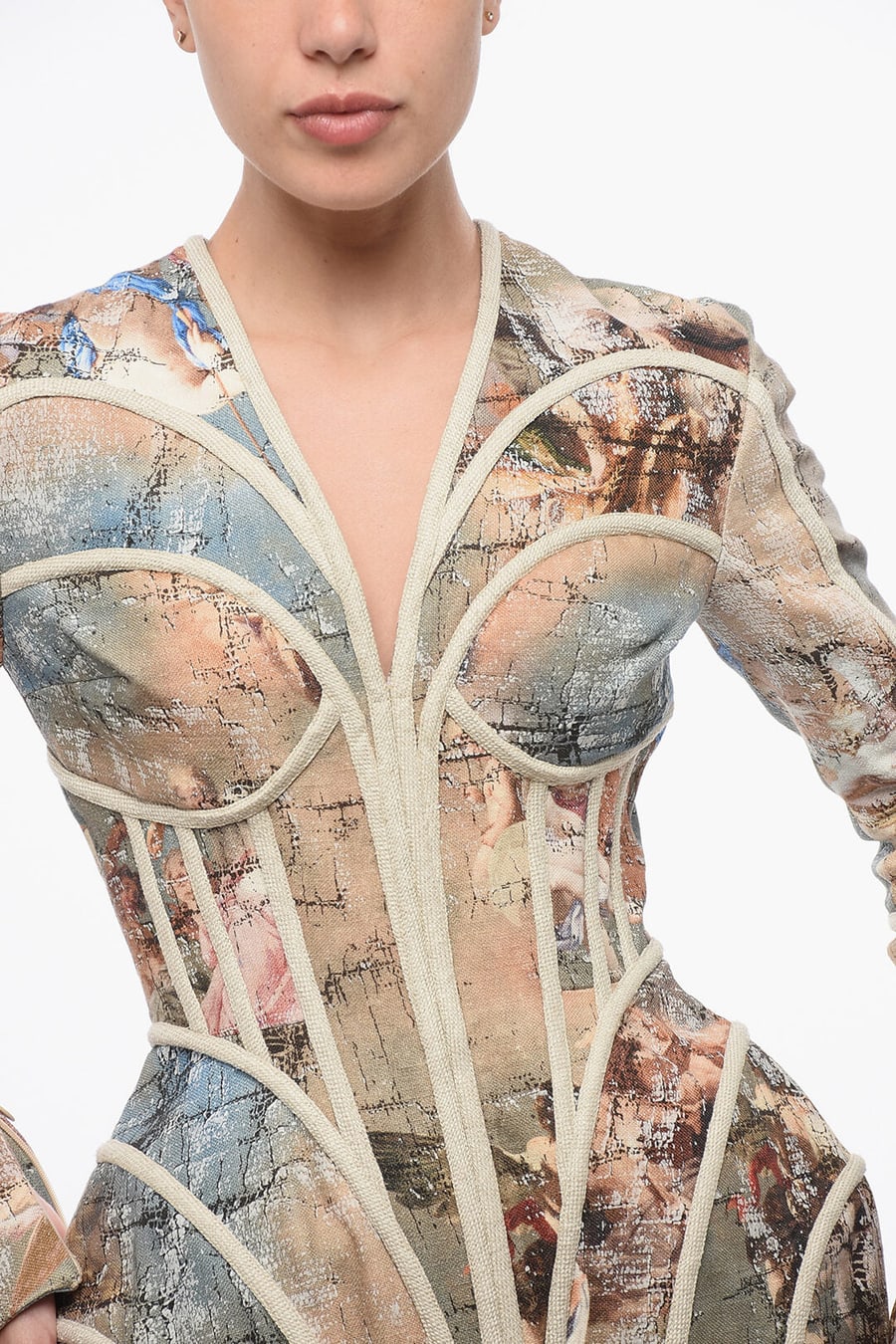 Balmain 3250~Patterned Linen Cage Dress With V-Neck, view 3