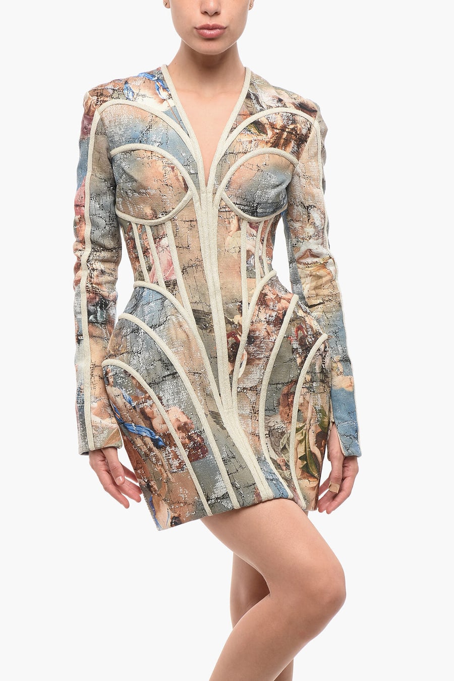 Balmain 3250~Patterned Linen Cage Dress With V-Neck, view 4