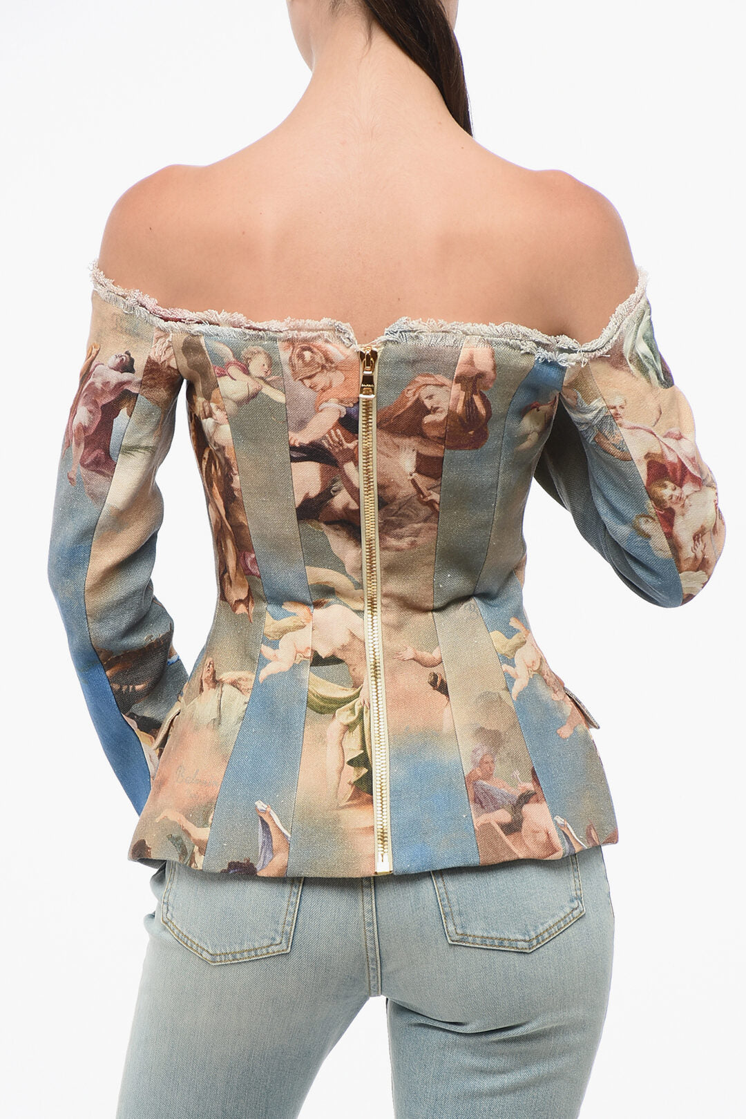Balmain 3250~Patterned Linen Off-Shoulder Jacket