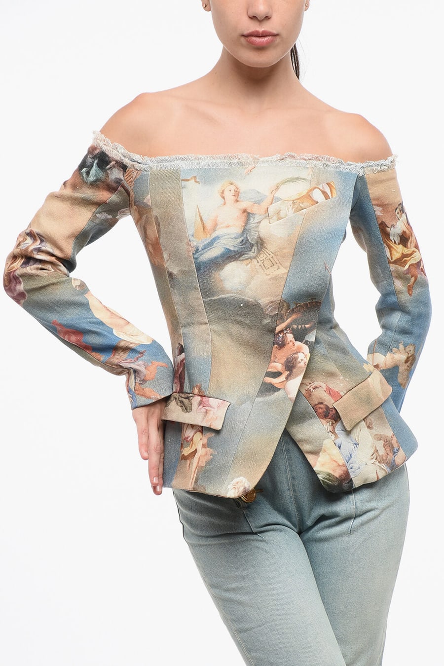 Balmain 3250~Patterned Linen Off-Shoulder Jacket