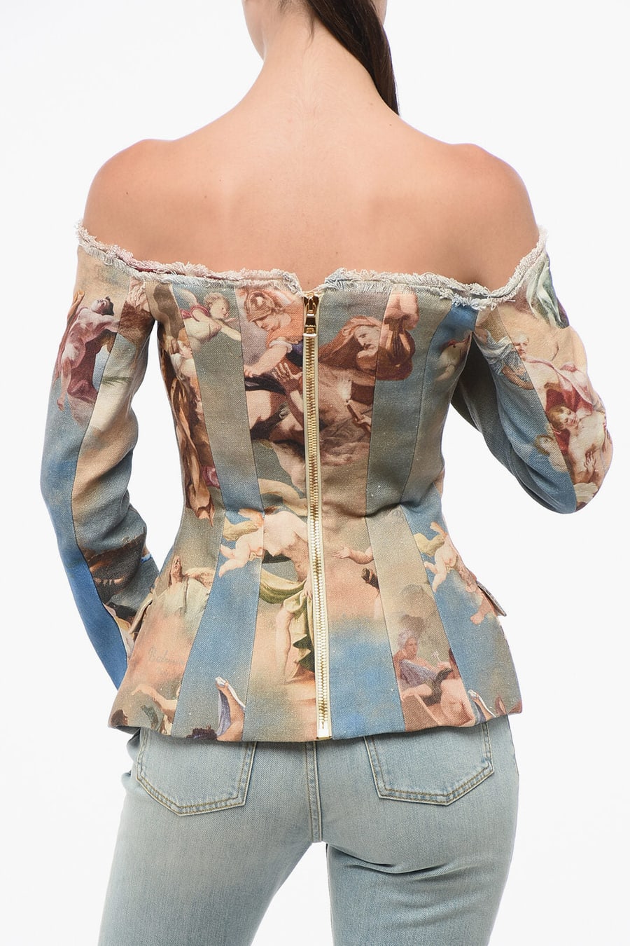 Balmain 3250~Patterned Linen Off-Shoulder Jacket, view 2
