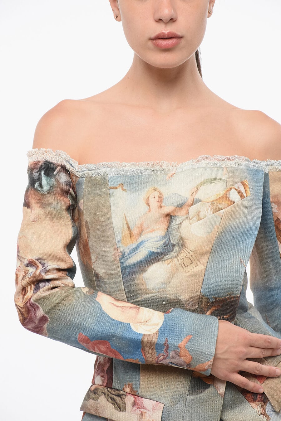Balmain 3250~Patterned Linen Off-Shoulder Jacket, view 3