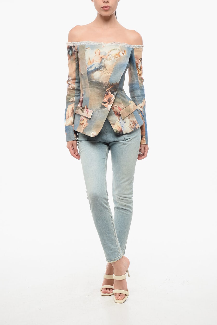 Balmain 3250~Patterned Linen Off-Shoulder Jacket, view 4
