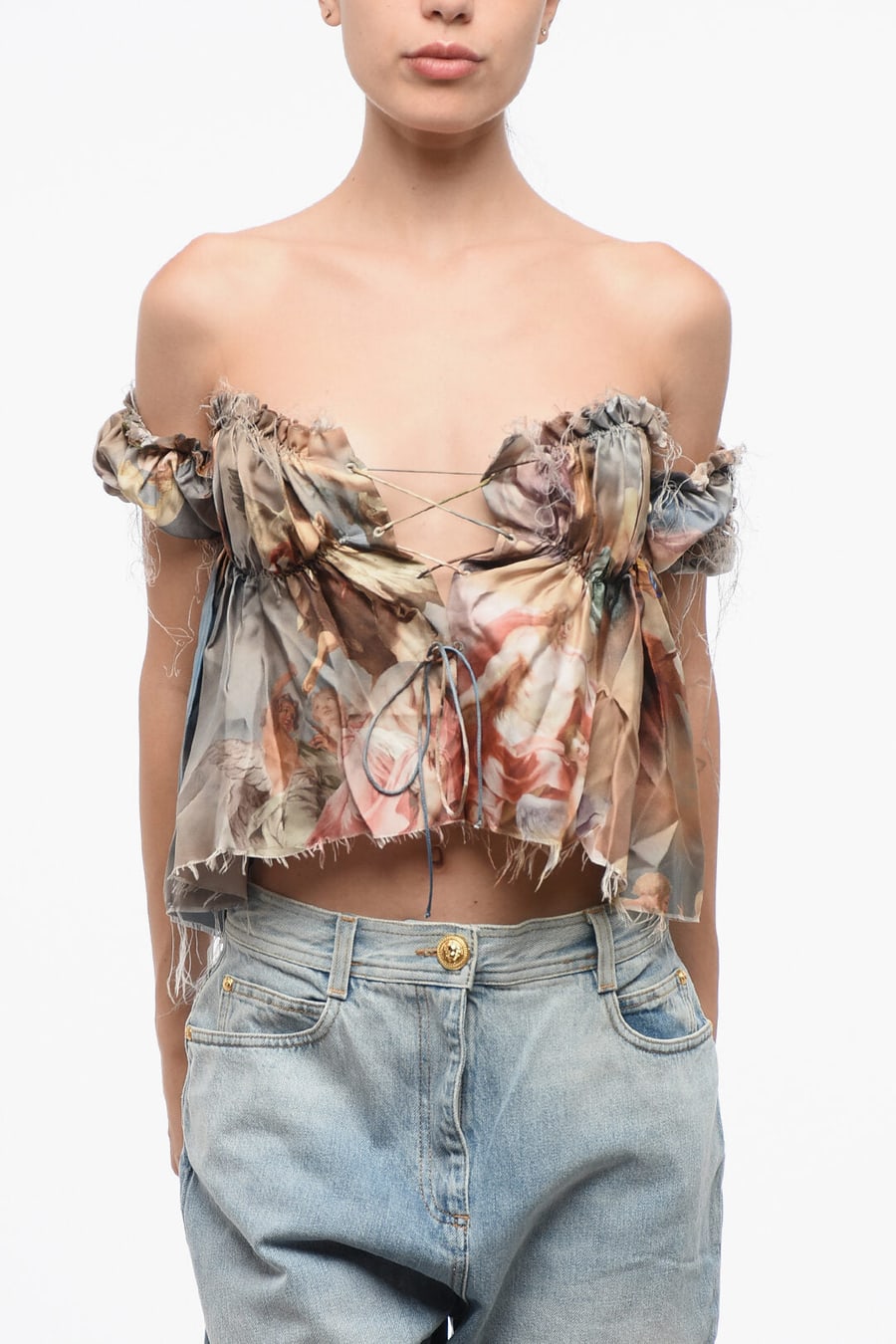 Balmain 3250~Patterned Silk Off-Shoulder Top