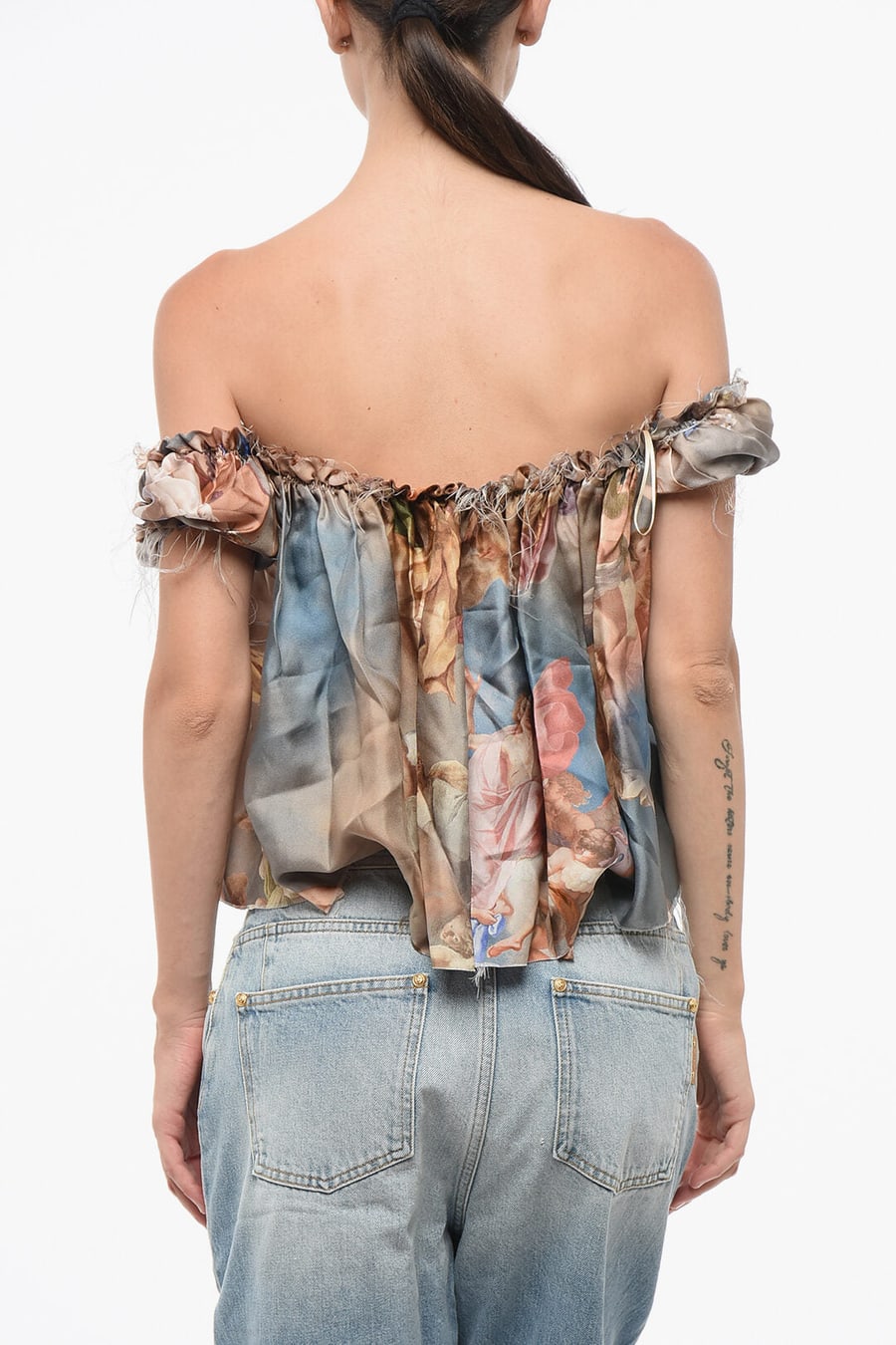 Balmain 3250~Patterned Silk Off-Shoulder Top, view 2