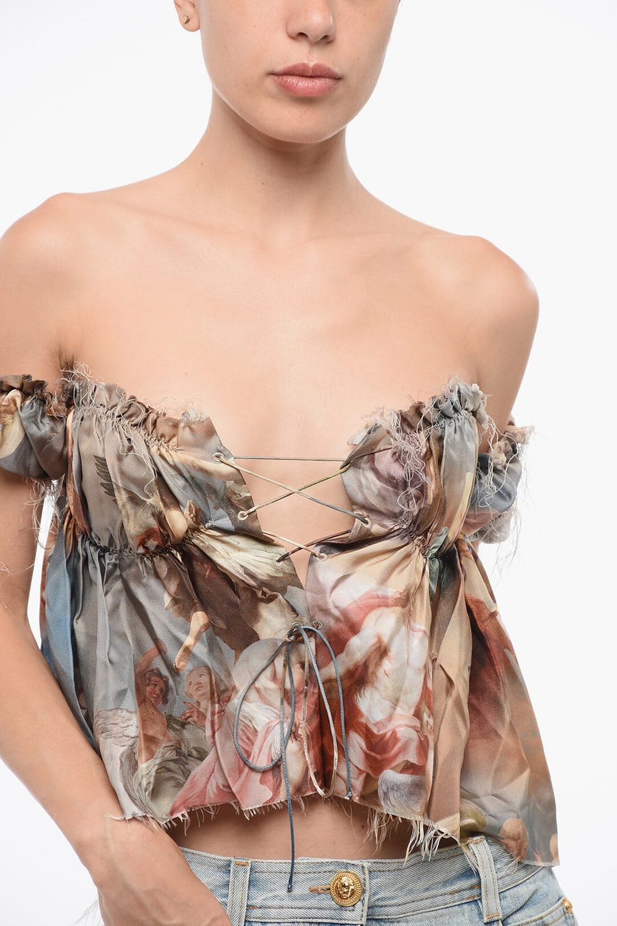 Balmain 3250~Patterned Silk Off-Shoulder Top, view 3