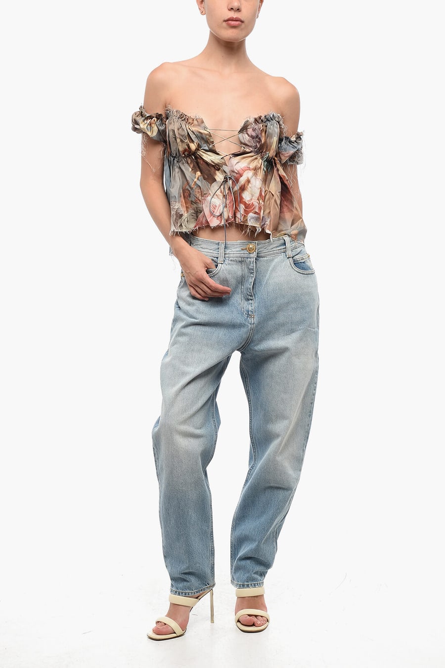 Balmain 3250~Patterned Silk Off-Shoulder Top, view 4