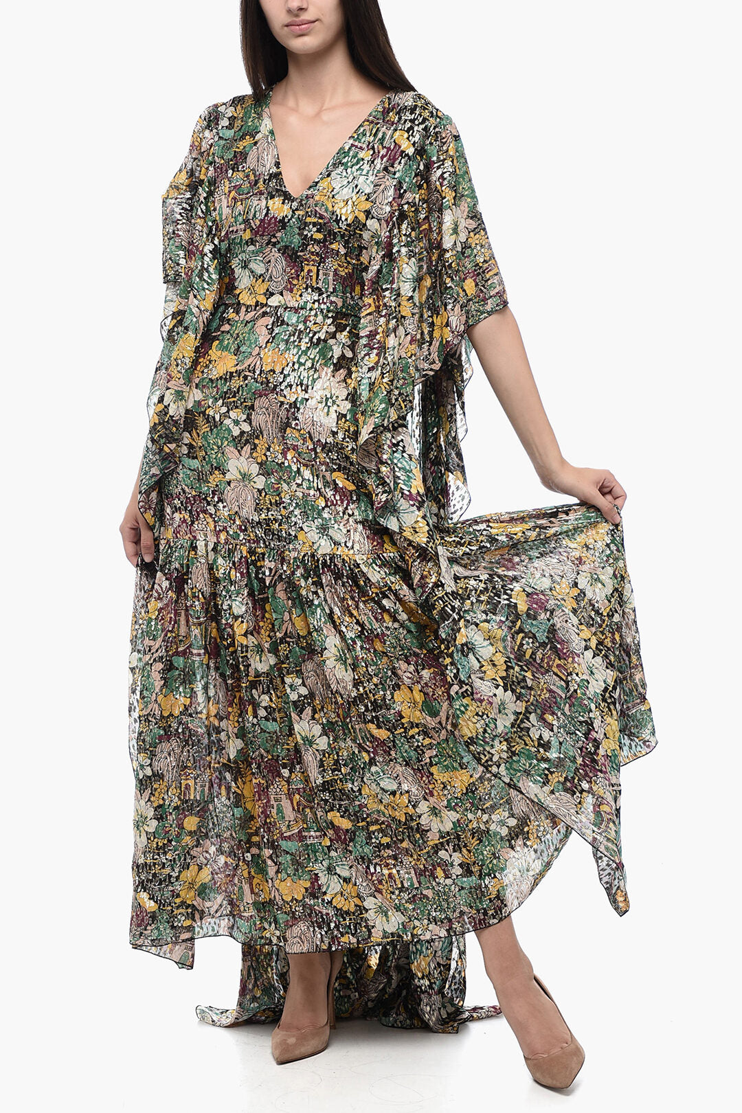 La Double J 3250~Silk and Lurex Kaftan with Floral Motif