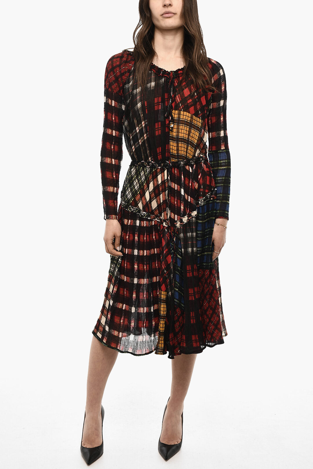 Dsquared2 3250~Silk-Blend Long-Sleeved Dress with Tartan Pattern