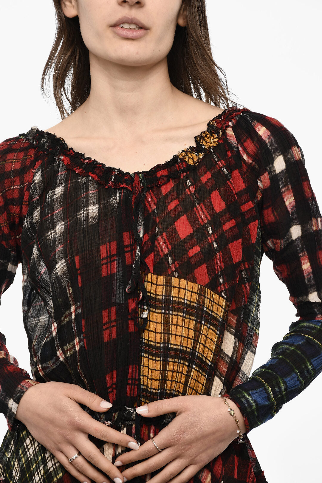 Dsquared2 3250~Silk-Blend Long-Sleeved Dress with Tartan Pattern, view 2