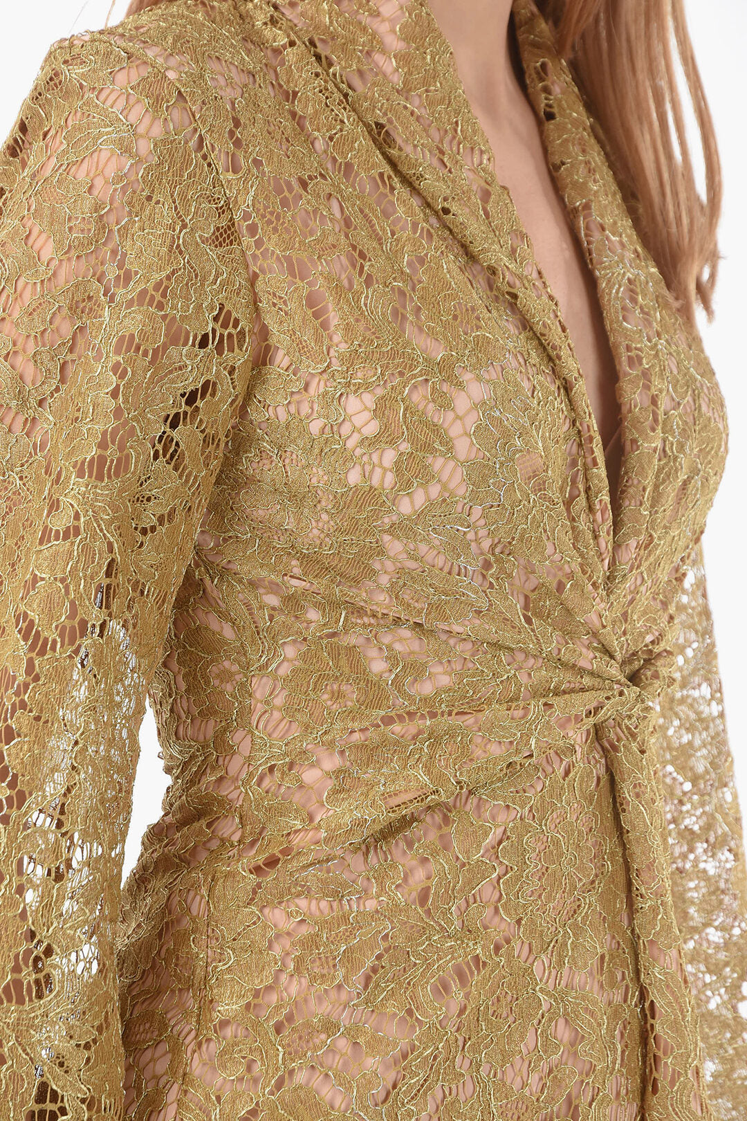 Super Blond 3300~Macramé Lace Dress with V-Neck and Ruched Detail