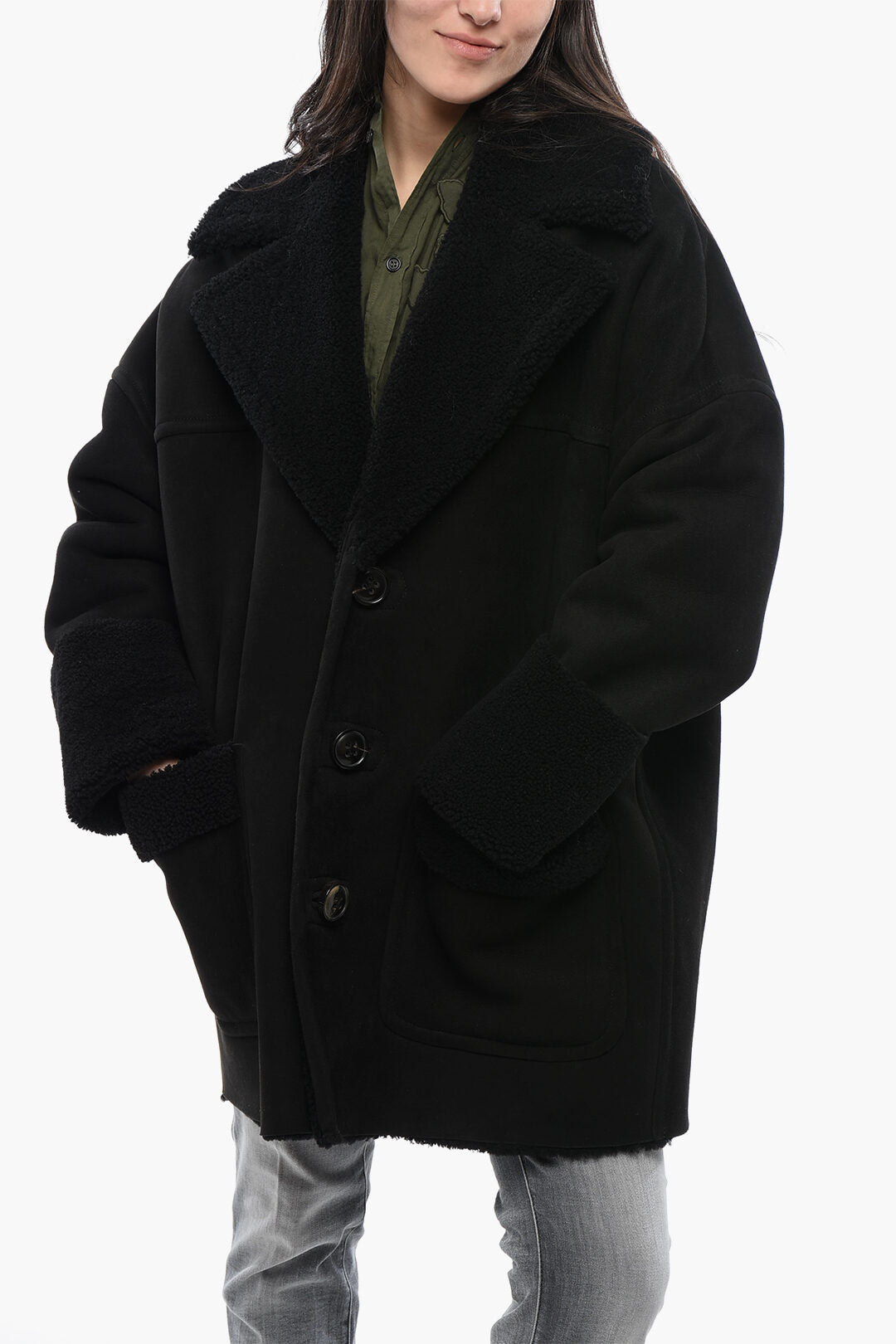 Dsquared2 3500~3-Button Shearling Coat with Patch Pockets
