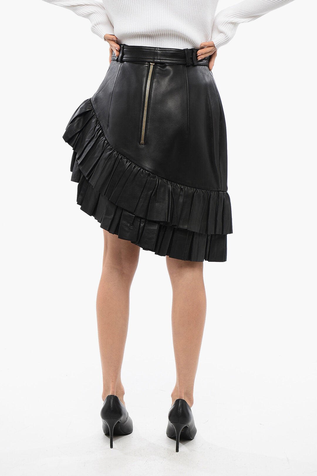 Balmain 3500~Asymmetric Leather Mini Skirt with Logo Belt