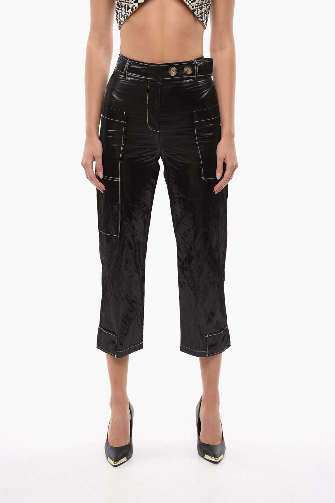 Rejina Pyo 3500~Coated-Fabric Cropped-Fit Cargo Pants