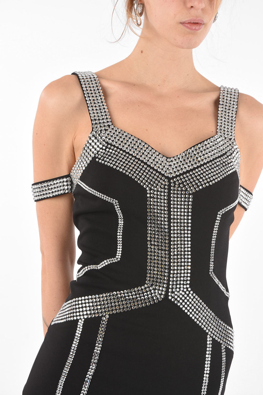 Philipp Plein 3500~Cold-Shoulder Mini Dress with Jewel Embellishments
