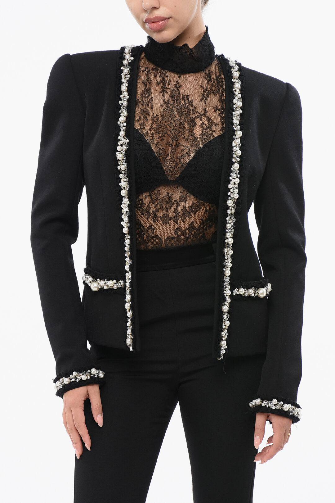 Balmain 3500~Collarless Blazer with Decorative Pearls