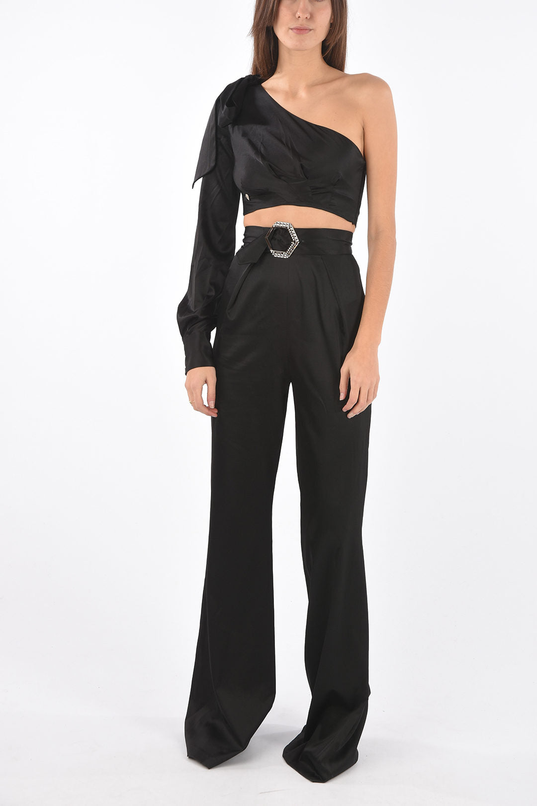Philipp Plein 3500~COUTURE Boot-Cut Set with Silk One-Shoulder Crop Top