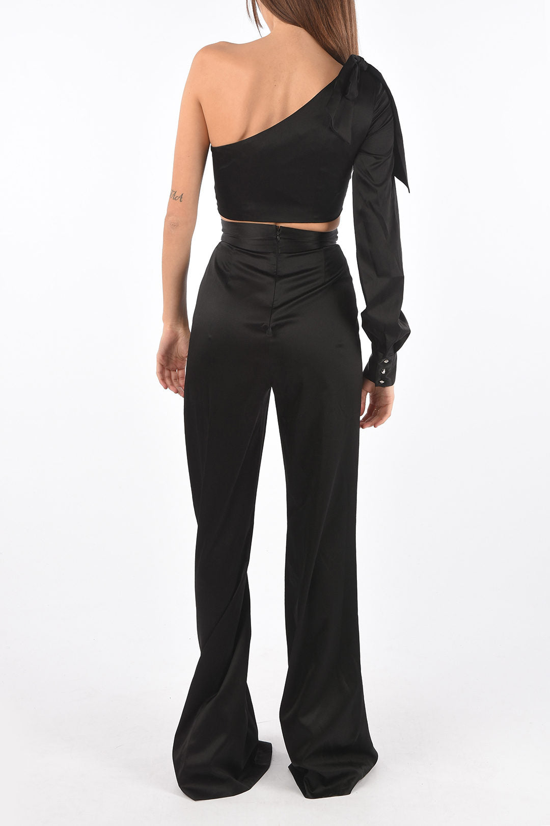 Philipp Plein 3500~COUTURE Boot-Cut Set with Silk One-Shoulder Crop Top, view 2