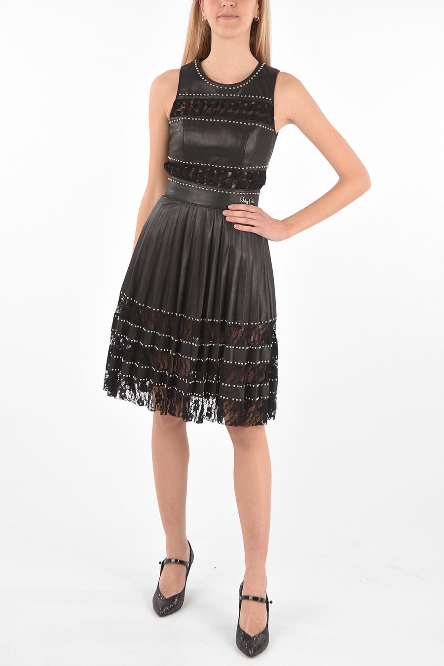 Philipp Plein 3500~COUTURE EST.1978 Leather Studded Dress LACE with Pleated Skirt and Lace Details