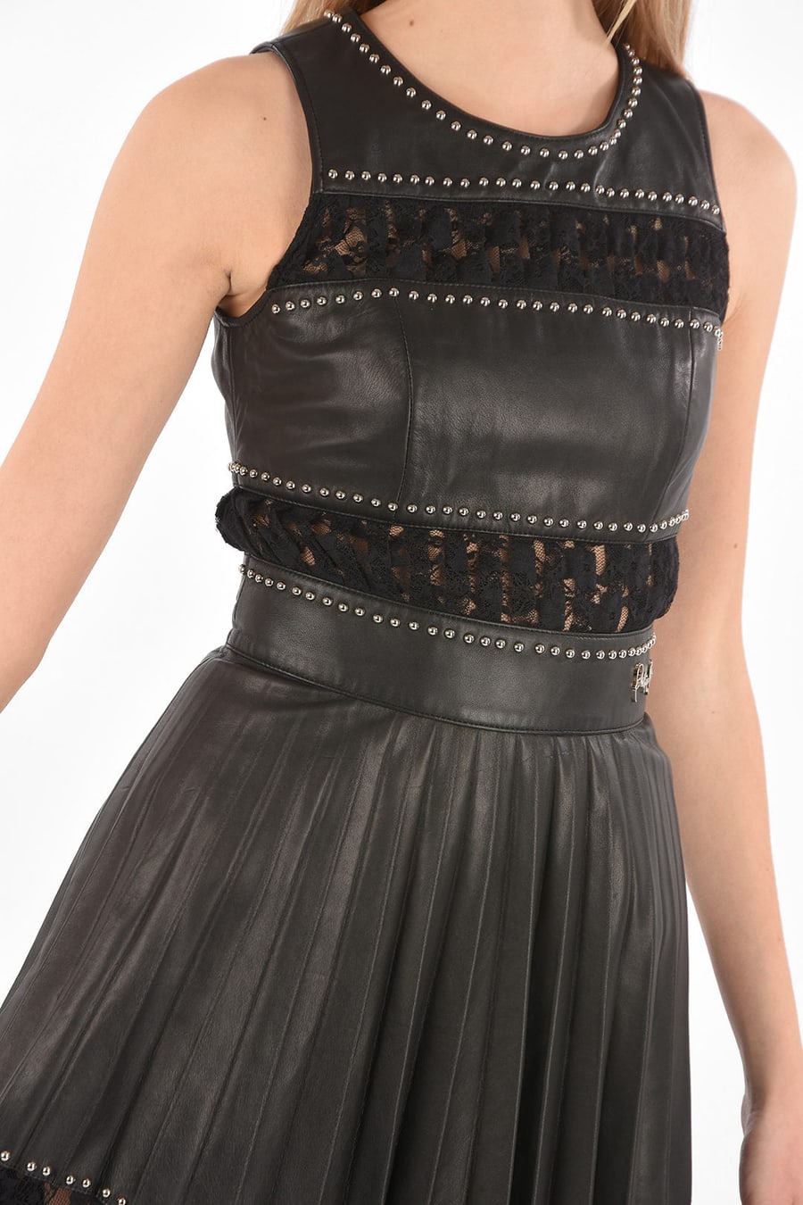Philipp Plein 3500~COUTURE EST.1978 Leather Studded Dress LACE with Pleated Skirt and Lace Details, view 3