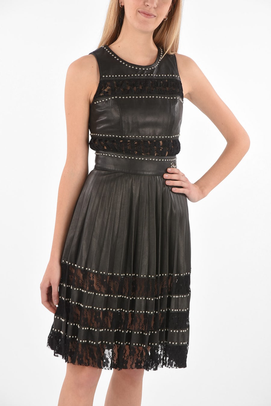 Philipp Plein 3500~COUTURE EST.1978 Leather Studded Dress LACE with Pleated Skirt and Lace Details, view 4