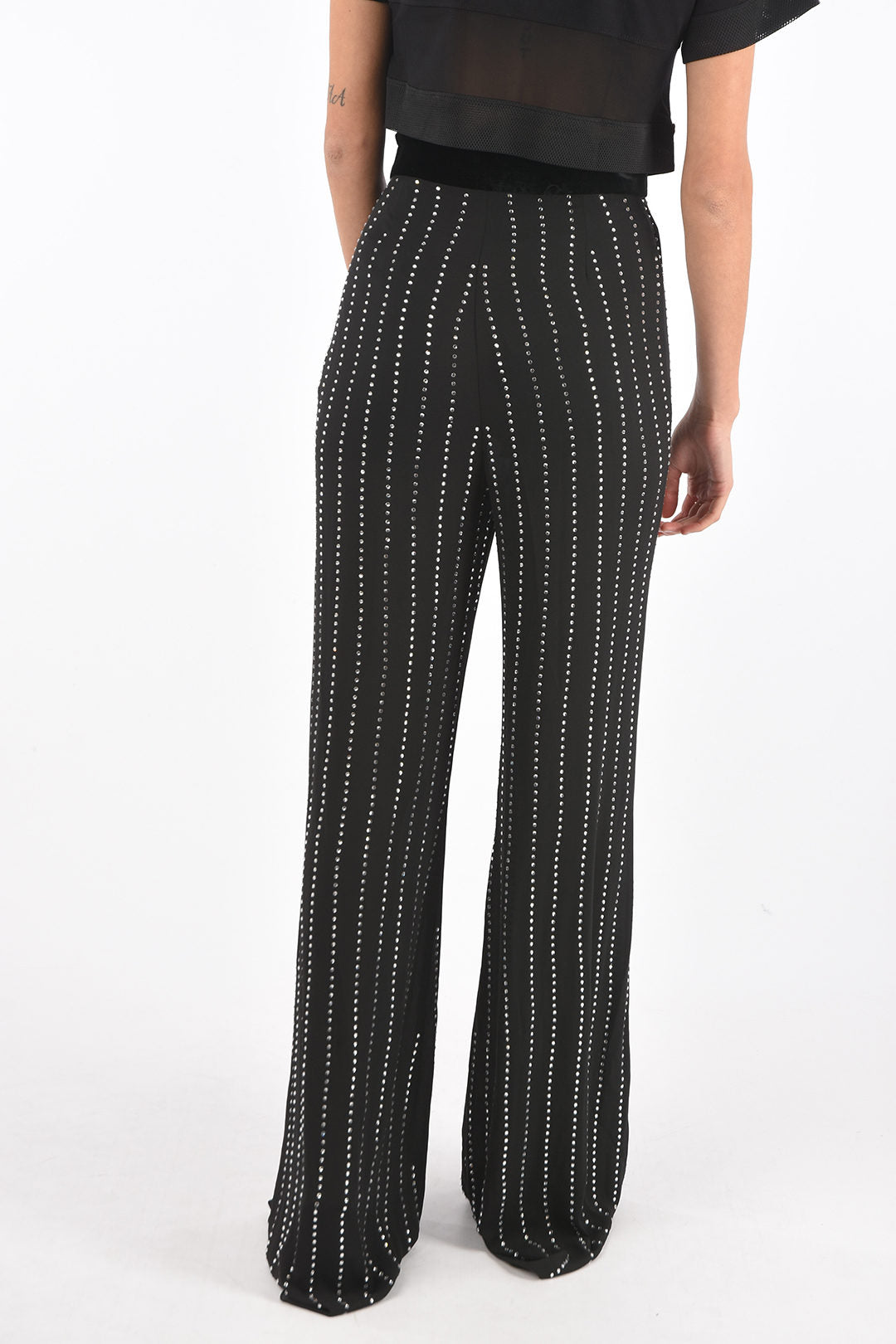 Philipp Plein 3500~COUTURE High-Waisted Palazzo Pants with Crystals All Over, view 2