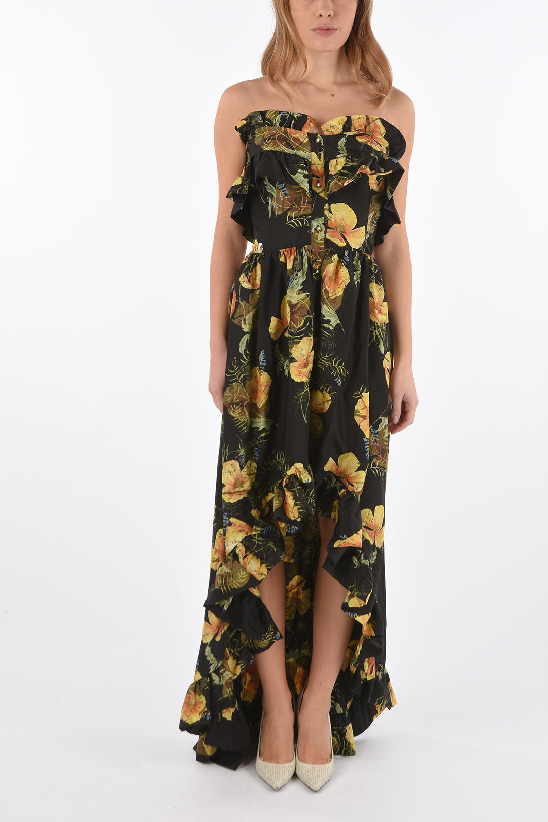 Philipp Plein 3500~COUTURE Silk Asymmetric Maxi Dress APPEAL floral print strapless