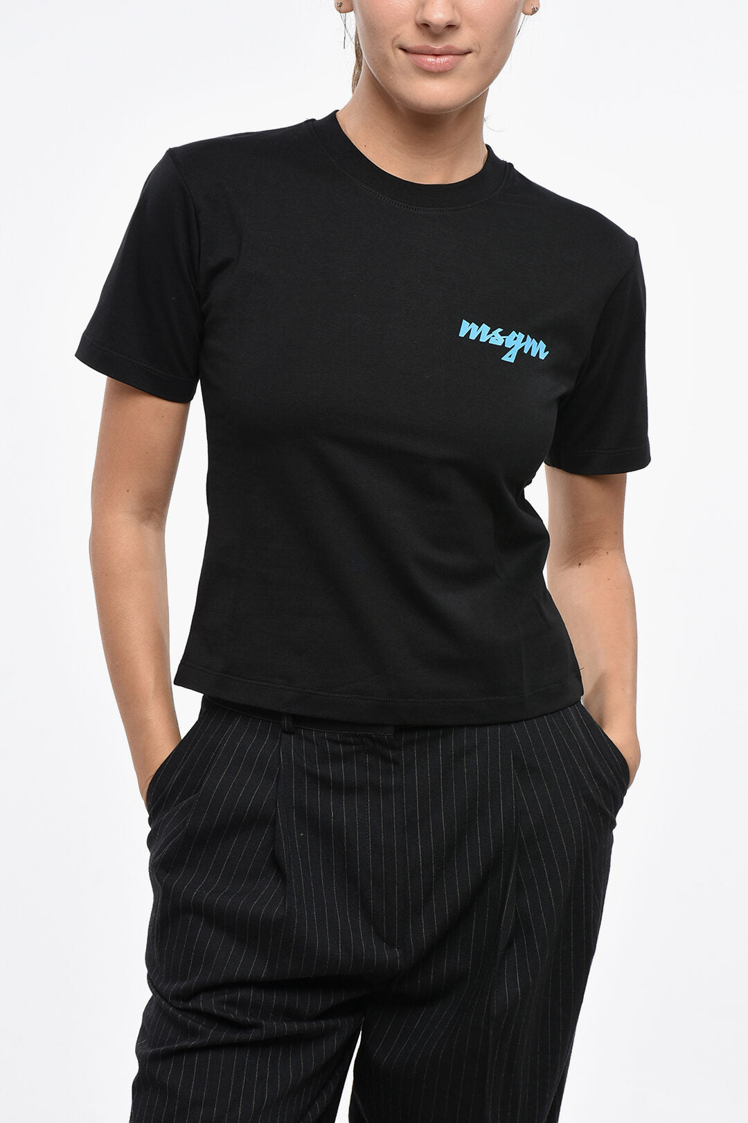 MSGM 3500~Crewneck Cotton T-Shirt with Printed Side Logo