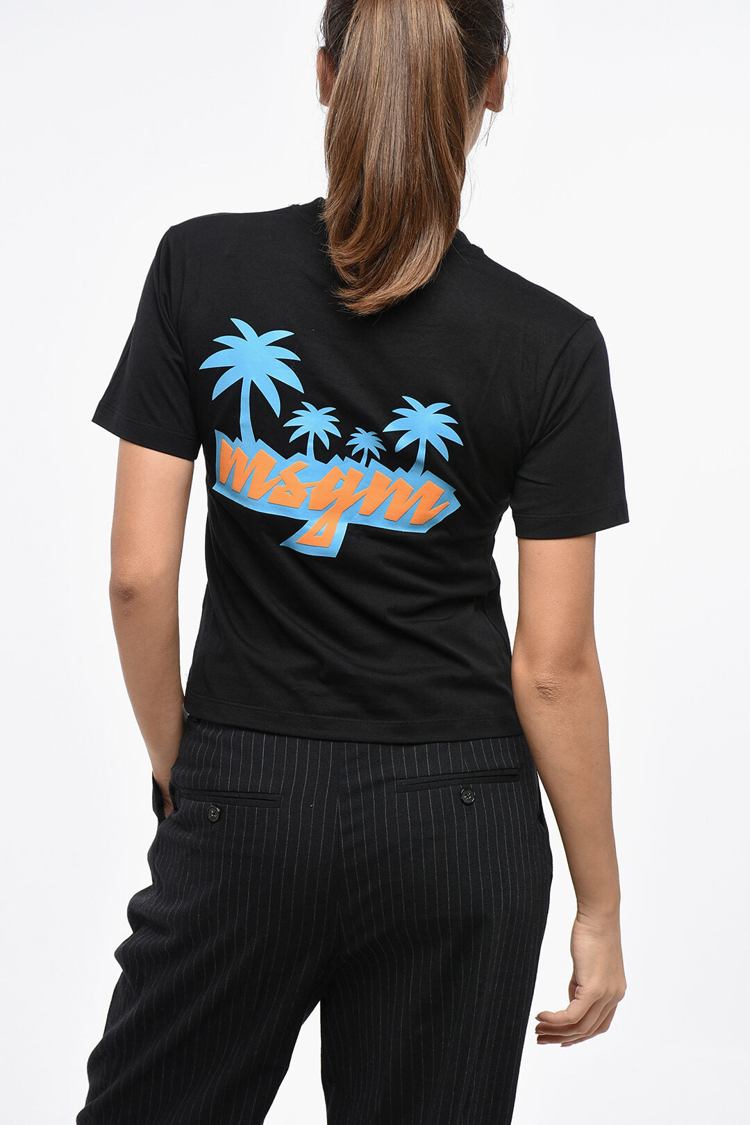 MSGM 3500~Crewneck Cotton T-Shirt with Printed Side Logo, view 2