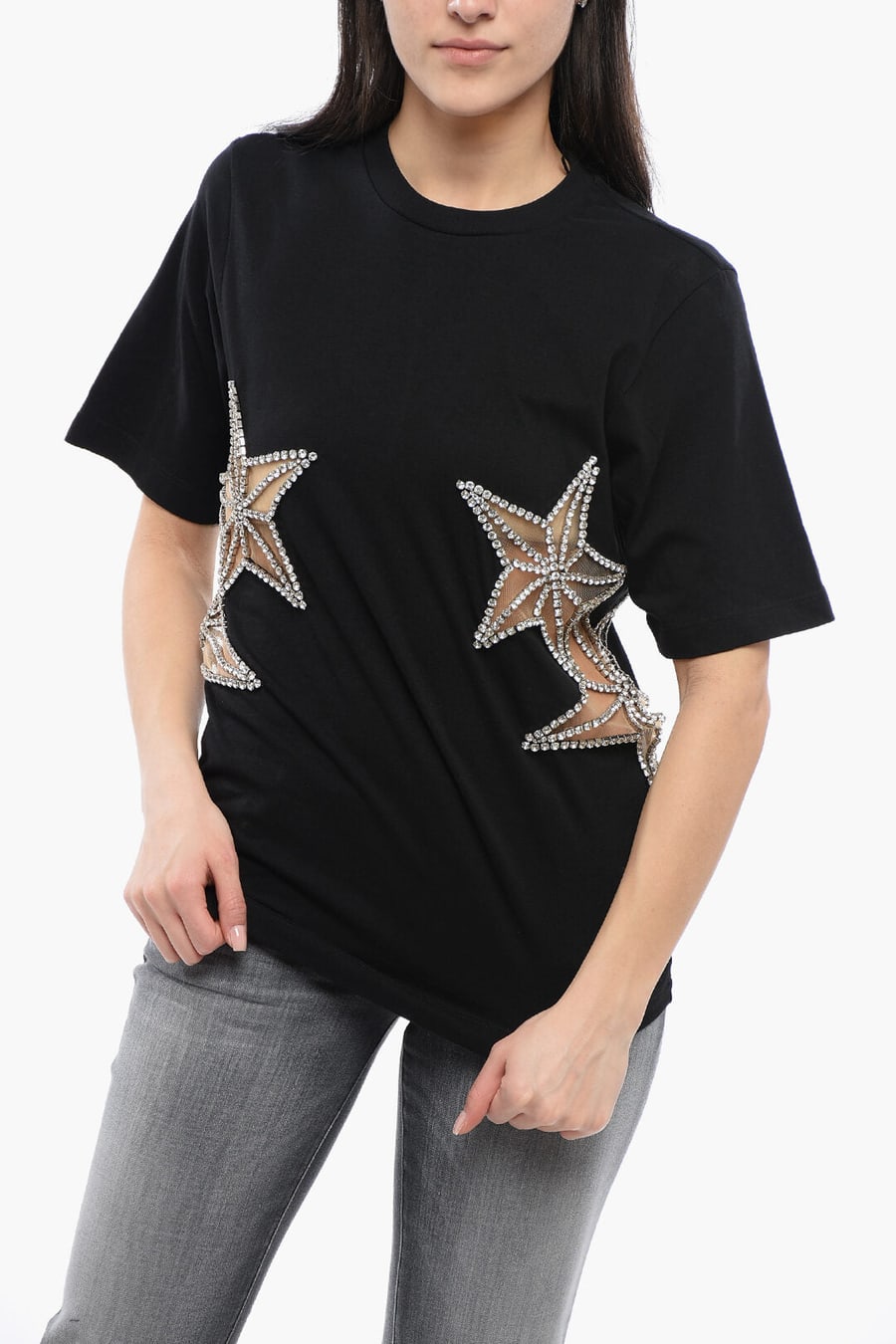 Dsquared2 3500~Crewneck T-Shirt STAR with See-Through Details and Crystals