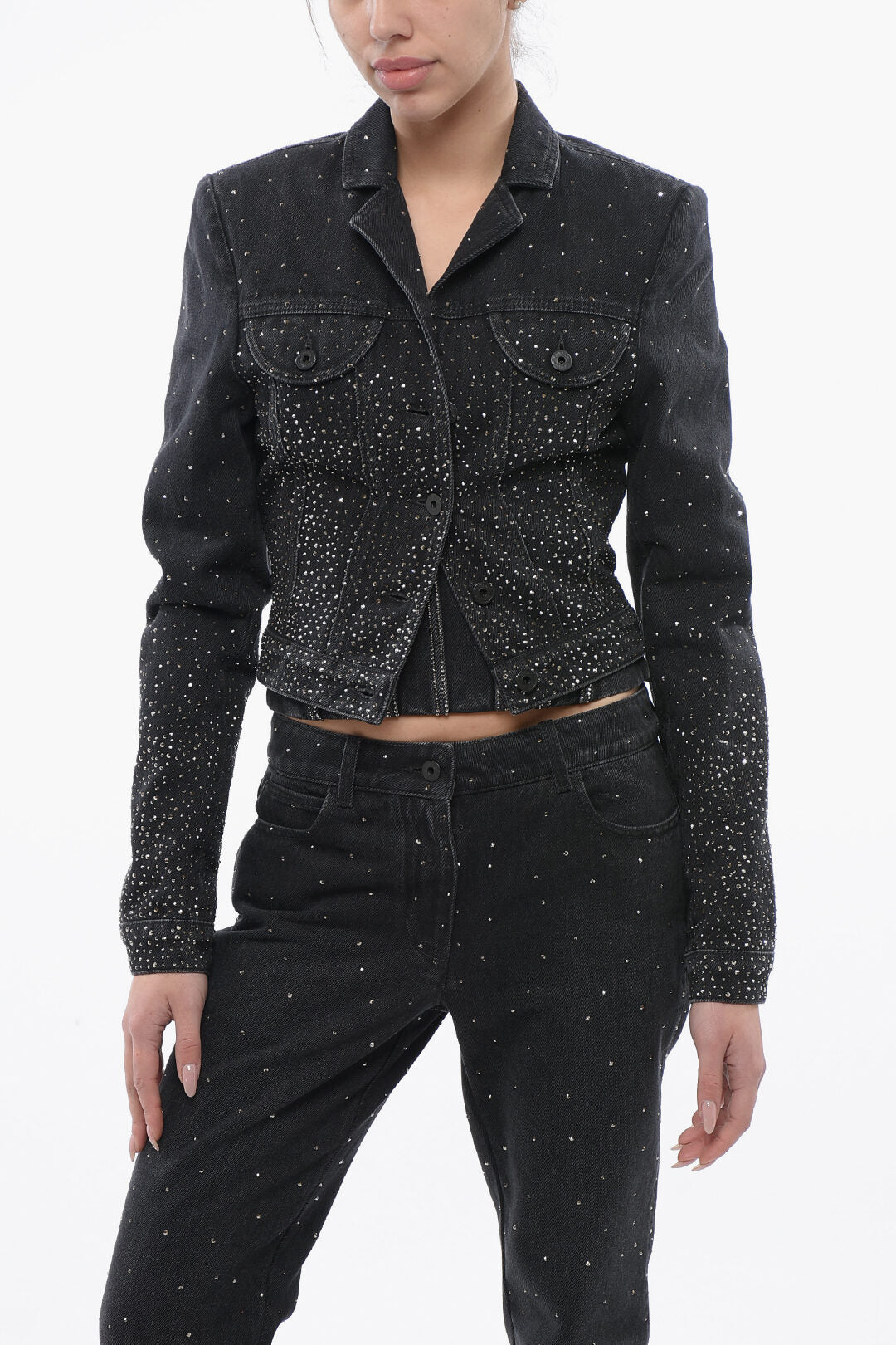 Off-White 3500~Cropped-Fit Denim Jacket BLING with Crystals