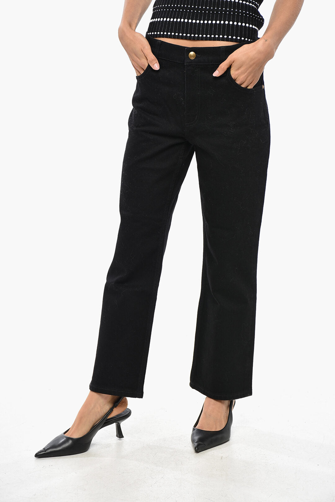 Tory Burch 3500~Dark-Wash Jeans with 20cm Gold-Effect Button