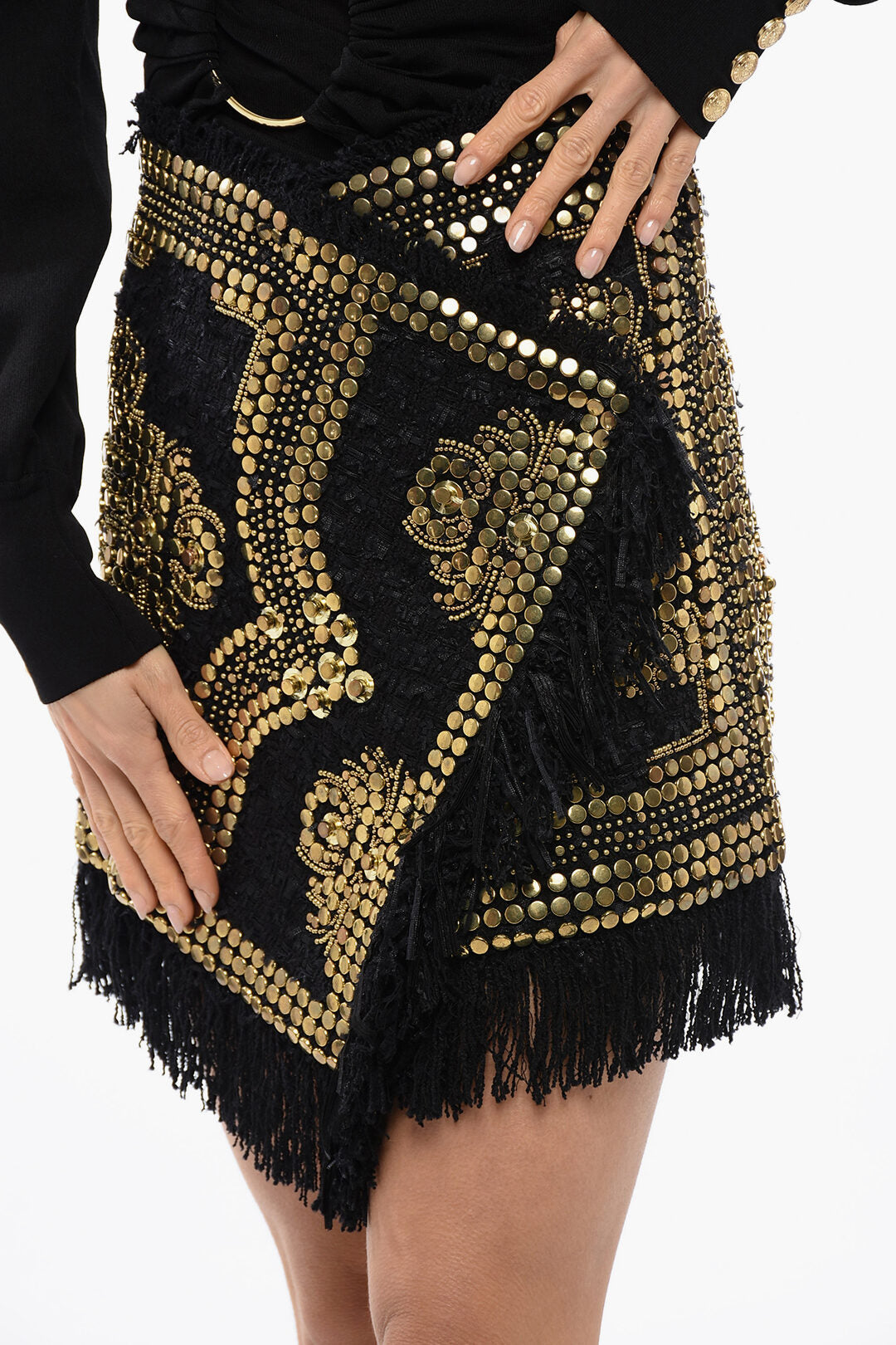 Balmain 3500~Fringed Wrap Miniskirt with Studs