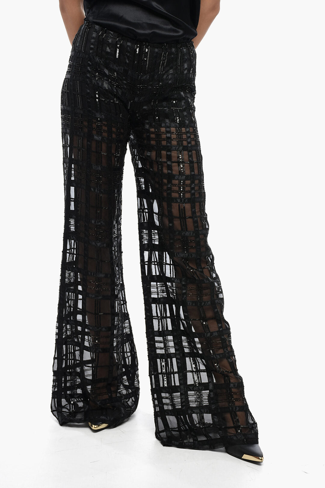 Alberta Ferretti 3500~Georgette Trousers with Embroidered Check Motif