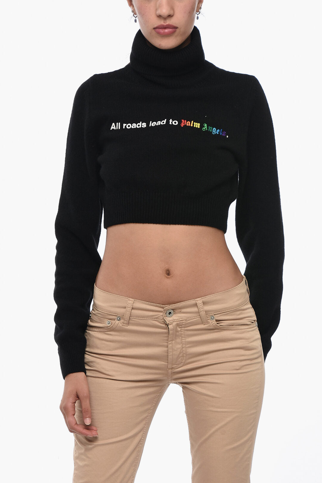 Palm Angels 3500~High-Neck Cropped Sweater ALL ROADS Embroidered