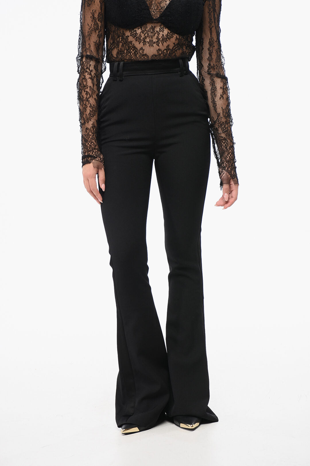 Balmain 3500~High-Waist Bootcut Trousers with Satin Side Bands