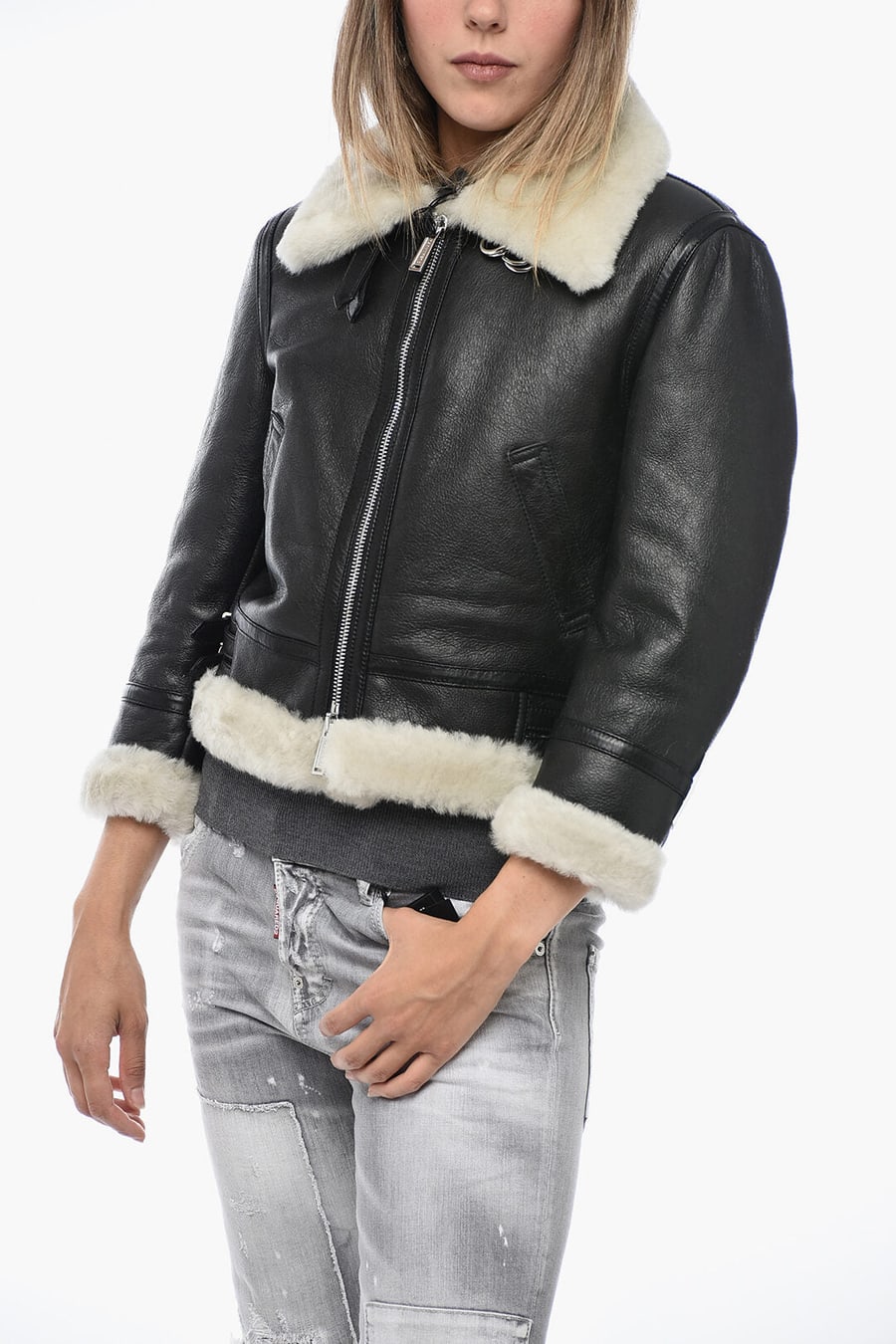 Dsquared2 3500~Leather Jacket with Shearling Details