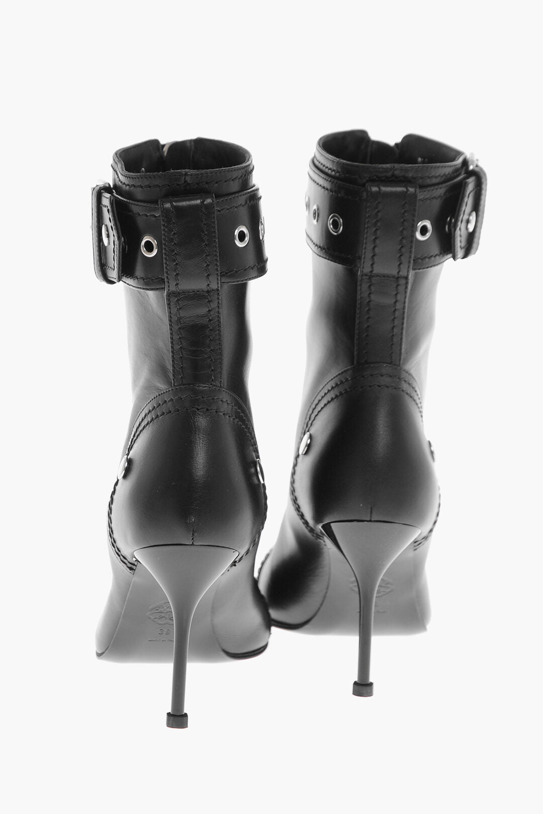 Alexander McQueen 3500~Leather Zip-Up Ankle Boots with Strap and 9cm Buckle, view 2