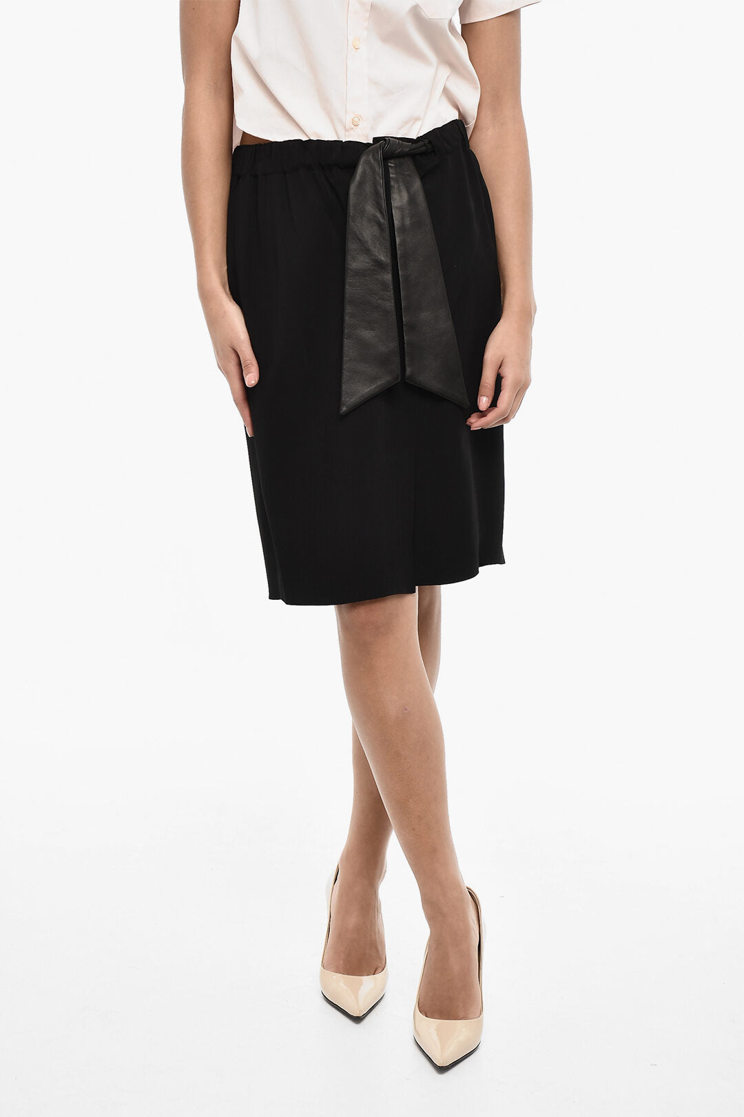 Dsquared2 3500~Leather-Belted Solid-Color Midi Skirt with Front Slit
