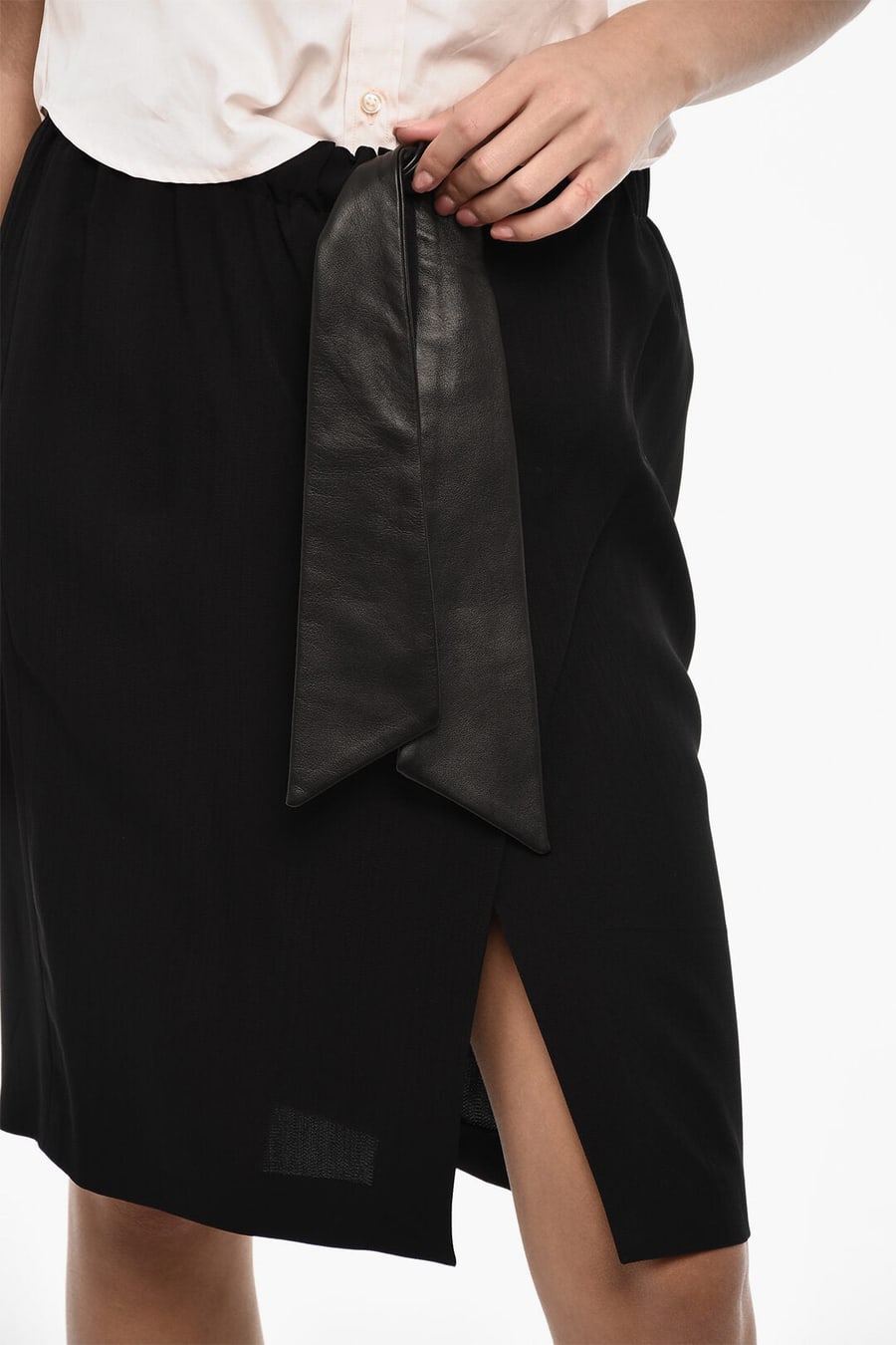 Dsquared2 3500~Leather-Belted Solid-Color Midi Skirt with Front Slit, view 3