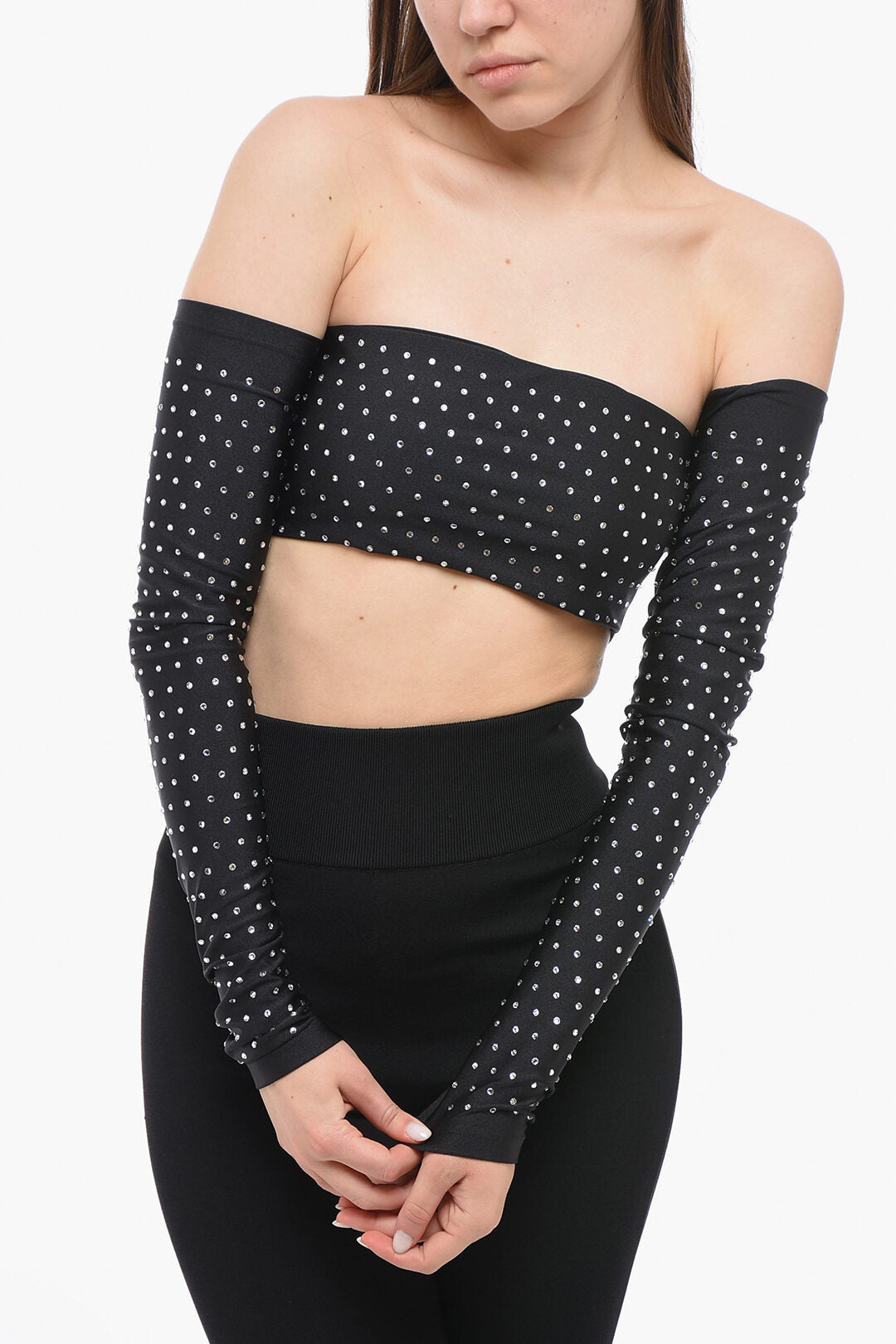 The Andamane 3500~Long-Sleeve Cropped Top with Strass