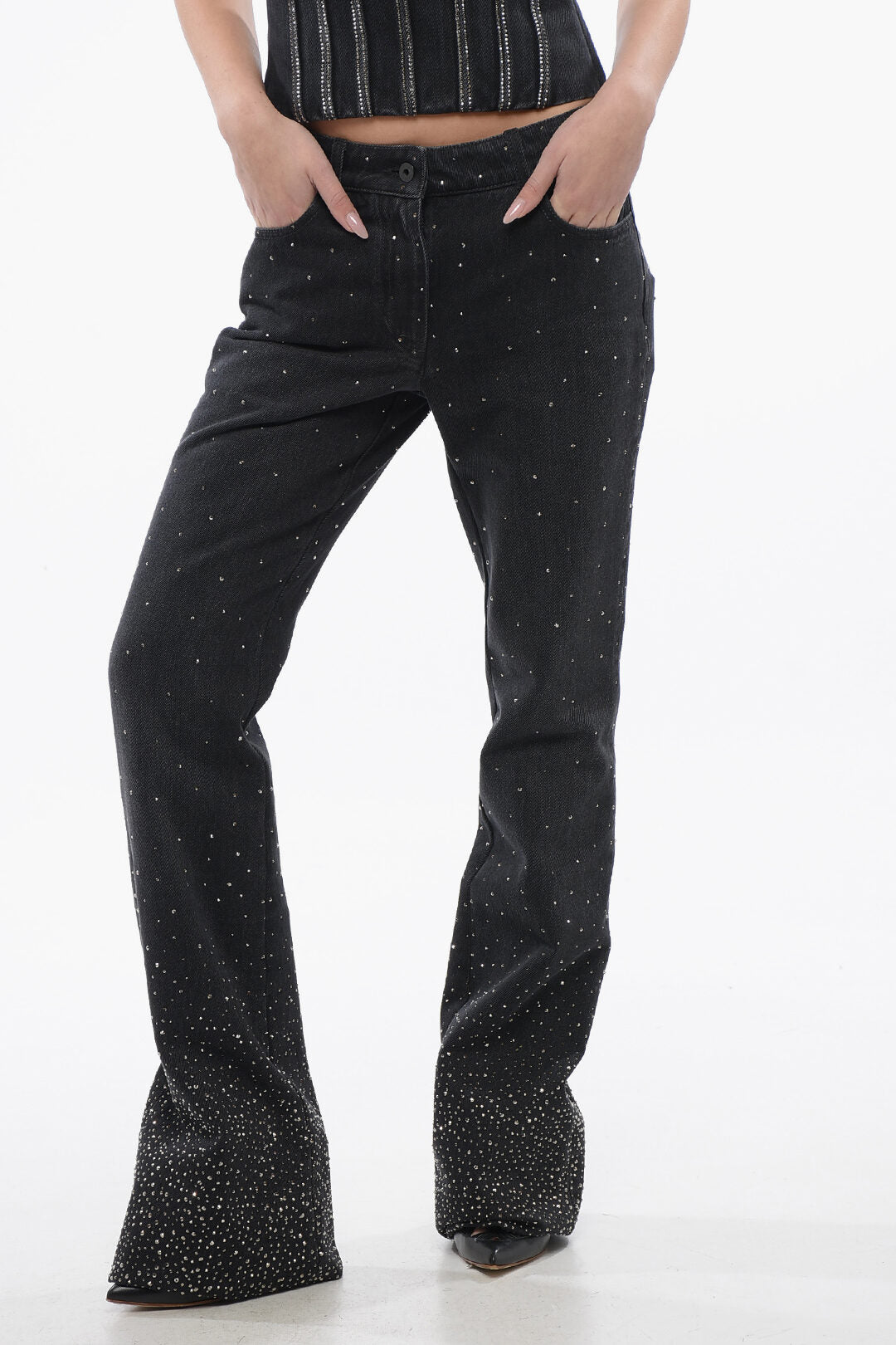 Off-White 3500~Low-Rise BLING Jeans with All-Over Crystals and 26cm Wide Hem