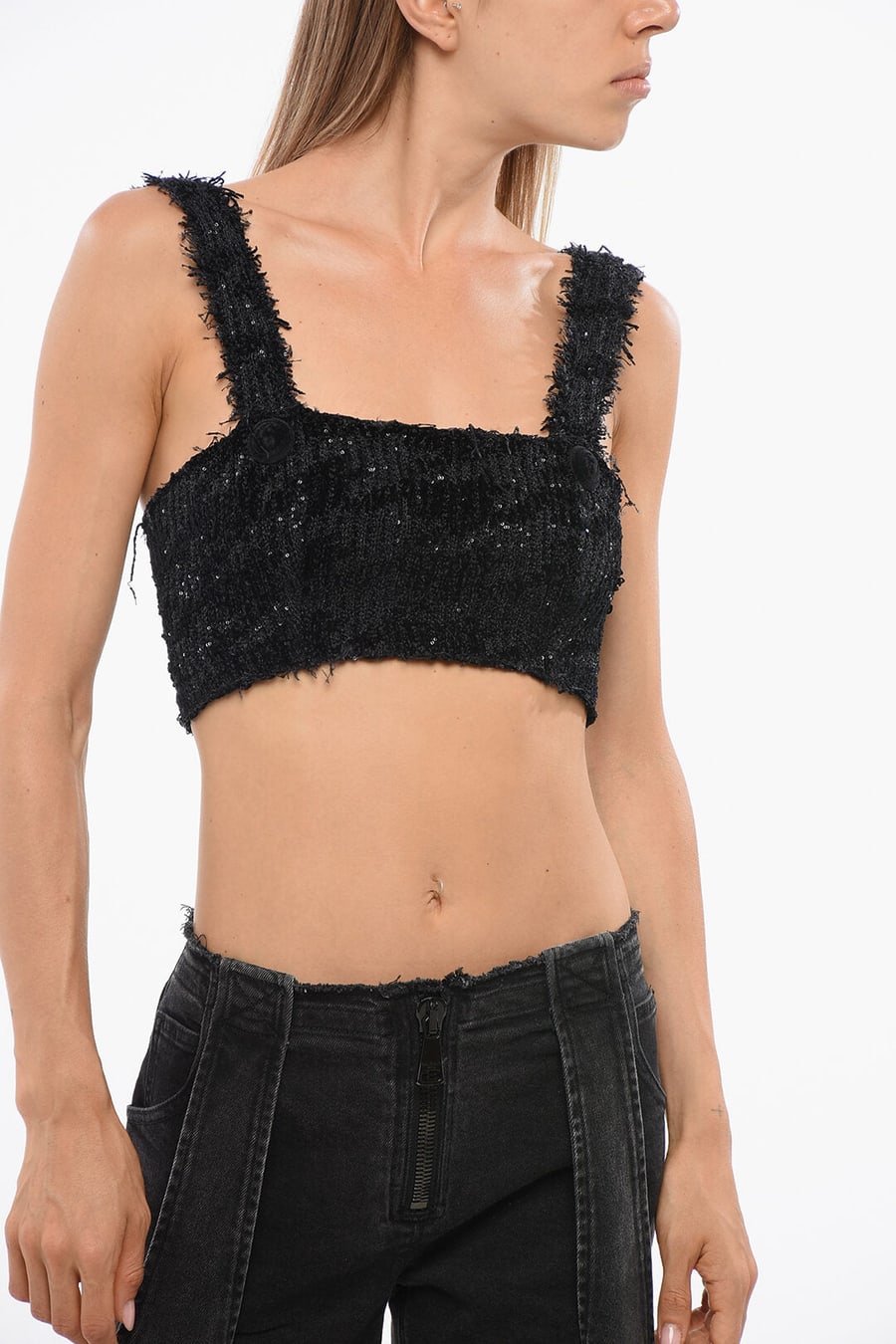 Balmain 3500~Solid-Color Crop Top Embellished with Sequins