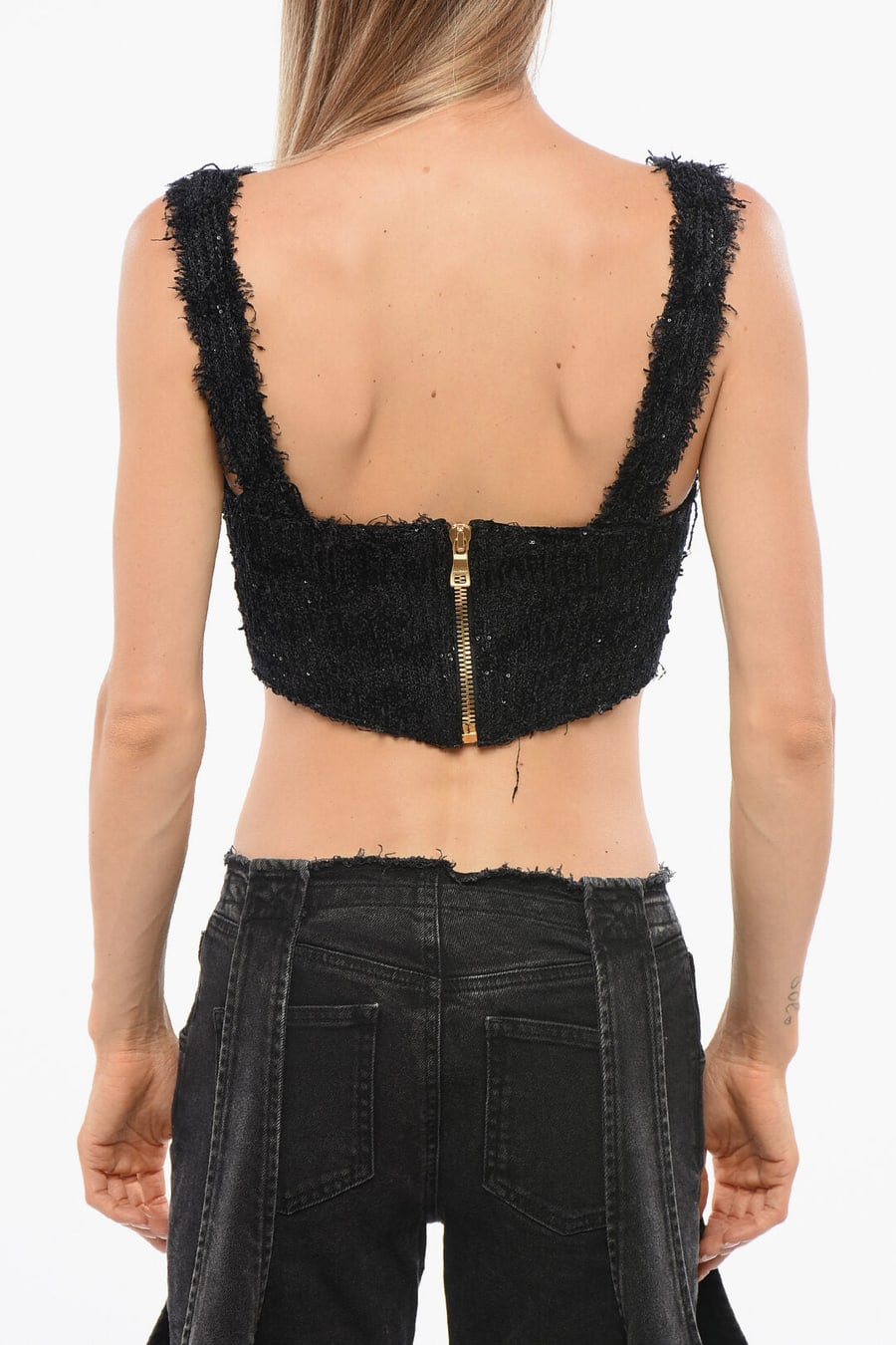 Balmain 3500~Solid-Color Crop Top Embellished with Sequins, view 2