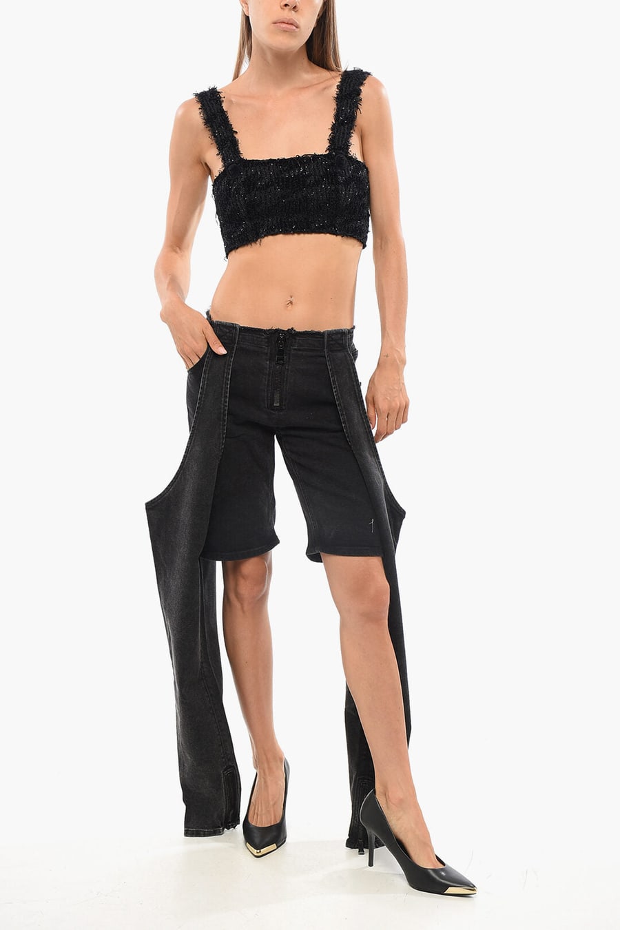 Balmain 3500~Solid-Color Crop Top Embellished with Sequins, view 4