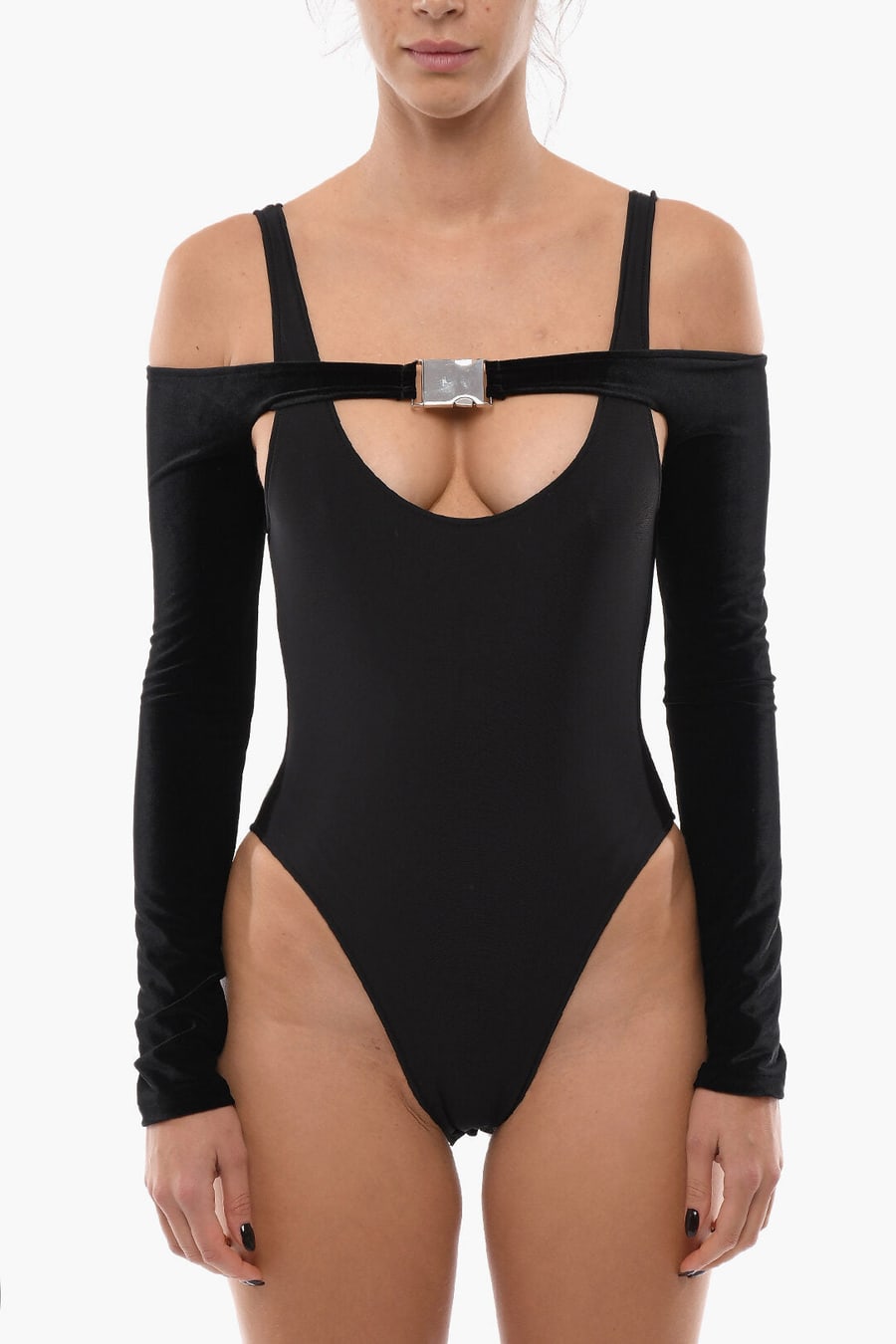 David Koma 3500~Velvet Long-Sleeve Bodysuit OVERLAYER