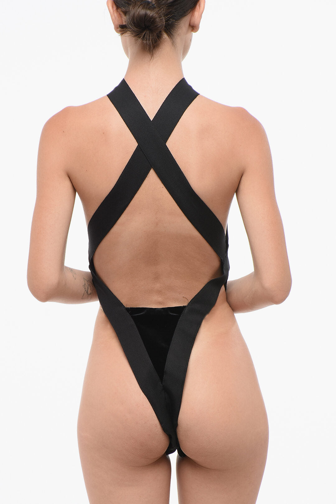 Saint Laurent 3500~Velvet Open-Back Bodysuit With Crossed Straps